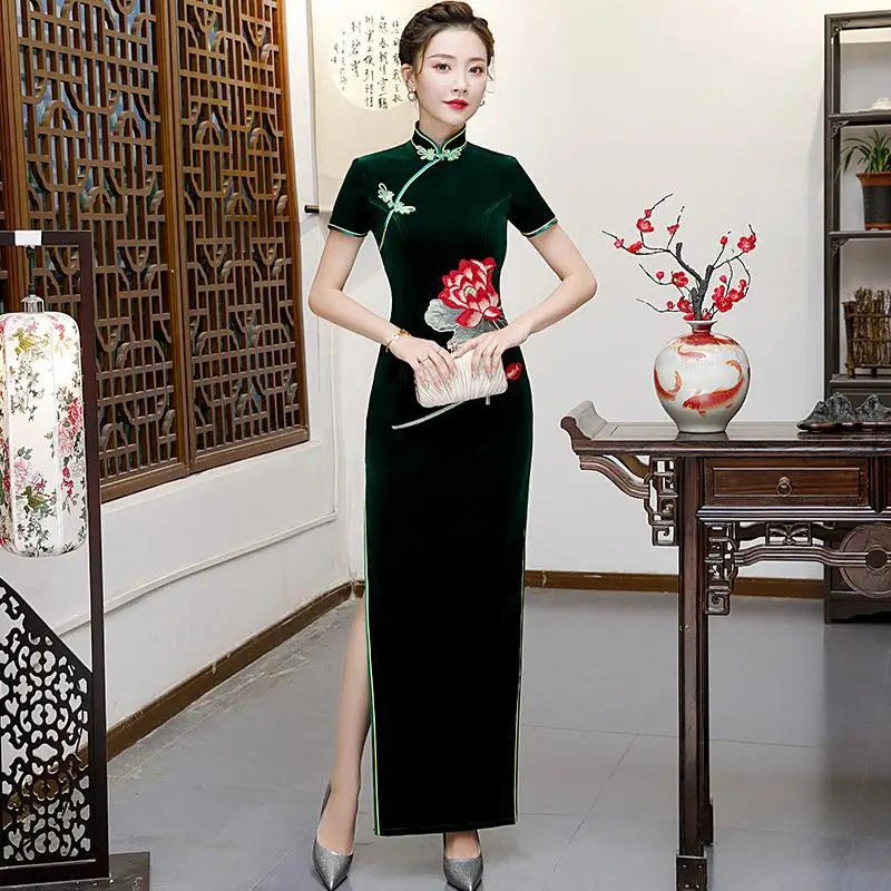 Желтое велюровое платье для выпускного вечера Cheongsam для свадебной вечеринки женское элегантное банкетное длинное платье Qipao восточные женские тонкие платья Vestido S-5XL - Цвет: Зеленый