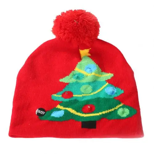 Red Xmas Tree Рождественская шапка для детей, взрослых, с принтом елки и снежинки, светодиодный светильник, помпон, шар, вязаная шапочка, шапка, Рождественское украшение - Цвет: Red Xmas Tree
