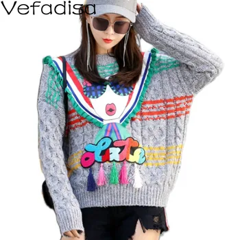 

Vefadisa Grey Women Pullovers Sweater 2020 Autumn Winter Women Printed Sweater Female Colorful Letter Patch Sweater LHX207