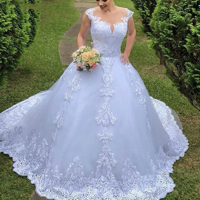 

vestido noiva princesa new O neck lace hat sleeve A Line Dubai wedding dress tail robe blanche mariage plus size bride gown