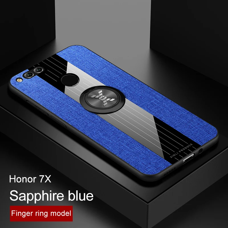 Чехол для huawei Honor 7X, Роскошный Жесткий тканевый чехол с кольцом и подставкой, тонкая защитная задняя крышка на магните для huawei Honor 7X5,93 дюймов, чехол - Цвет: Blue 1