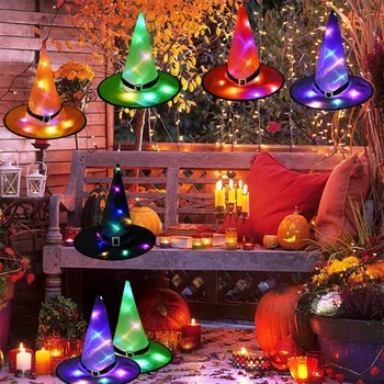 

Promotion 6pcs Fashion Halloween Witch Hat Led Light Up Glowing In Dark Witches Hat Hanging Halloween Decor Glow Party Supplies