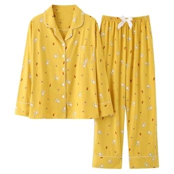 

OLYWEYA Cartoon Pajamas Women's Cute Rabbit Sleepwear Cotton Pyjama Long Sleeve Pants Set Leisure Home Suit Lounge Wear Plus