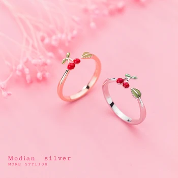 

Modian Real 925 Sterling Silver Enamel Sweet Lovely Cherry Leaves Open Adjustable Finger Ring for Women Korea Style Fine Jewelry