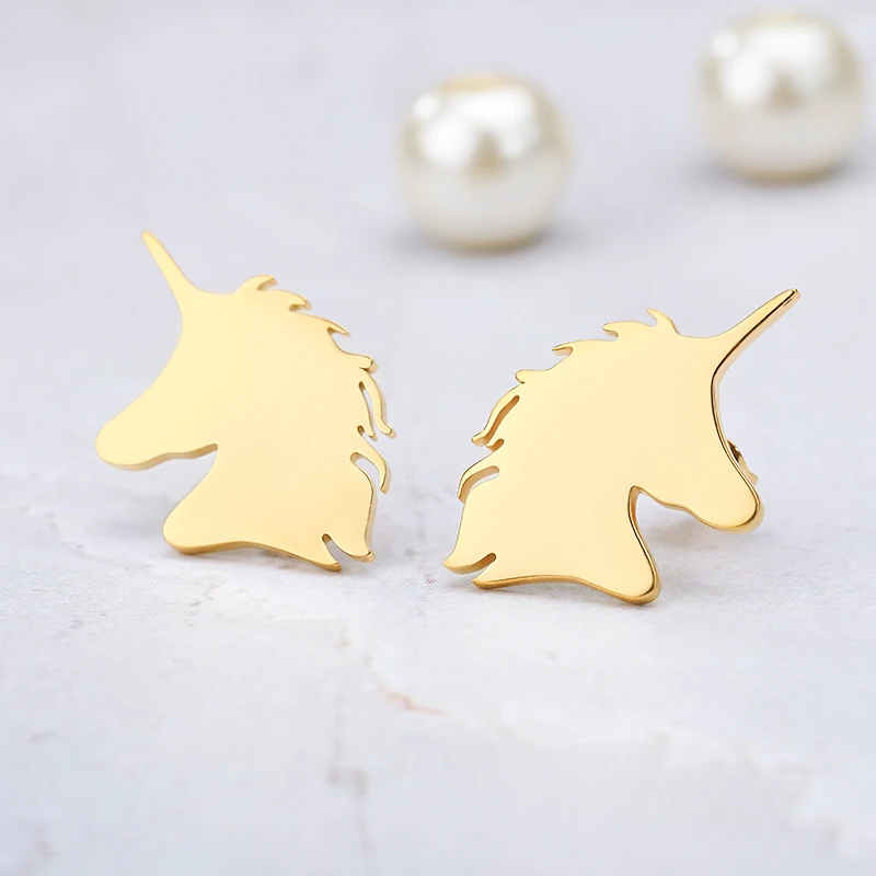 

Dainty Horse Horn Brincos Rose Gold Unicorn Stud Earrings For Women Birthday Gift Stainless Steel Ear Jewelry Bijoux Femme 2019