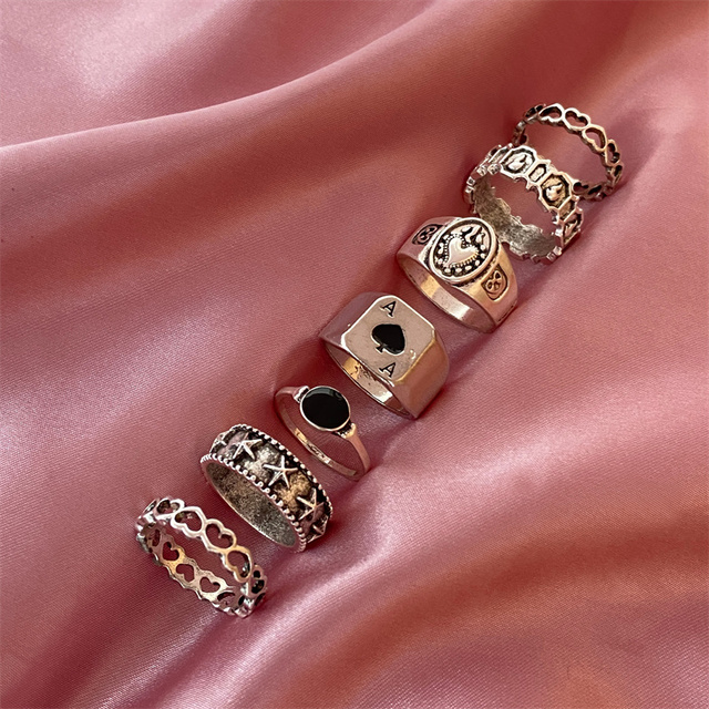 Gothic Poker Ring Set for Women Vintage Spades Ace Silver Plated Retro Rhinestone Charm Billiards Rings Finger Jewelry