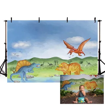 

Mehofond Dinosaur Theme Backdrops Forest River Blue Sky Cartoon Children Birthday Party Photography Backgrounds for Photo Studio