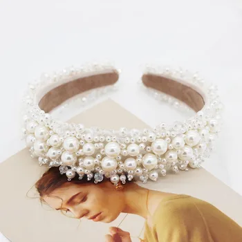 

Street beat gorgeous wild exaggerated headband New Korean fashion small grain size pearl flower catwalk headband 520
