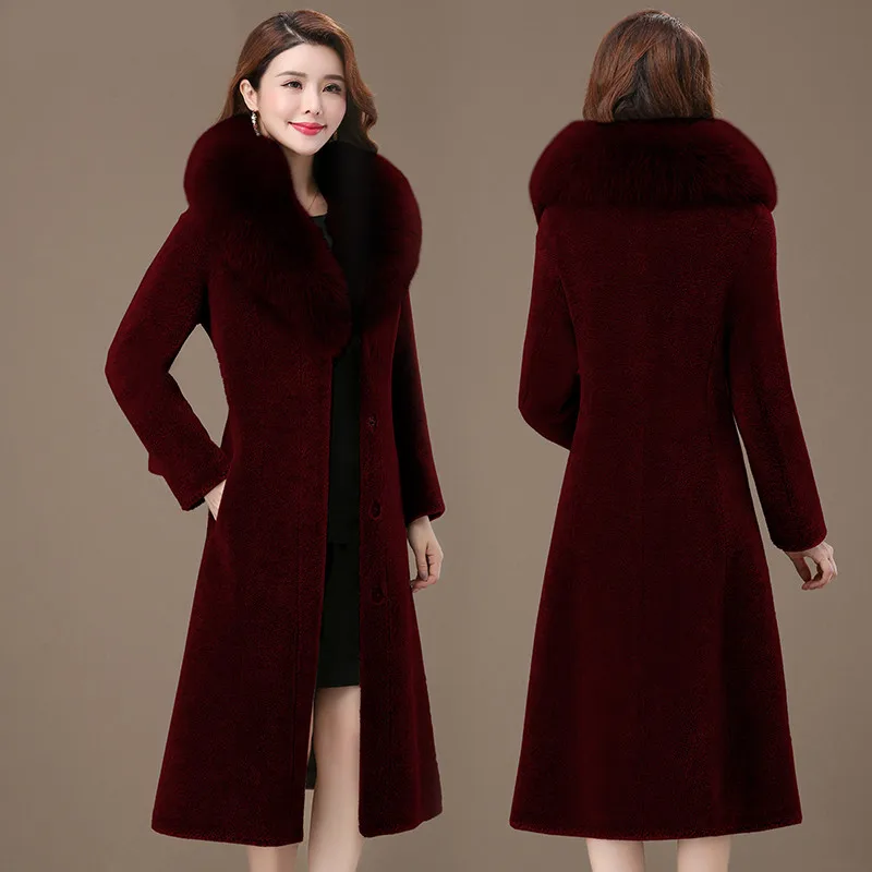 wine red AYUNSUE овечья шерсть пальто из натурального меха, зимняя куртка Для женщин лисий меховой воротник Шерстяное пальто Для женщин Длинные куртки плюс размер пальто Femme мой - Цвет: wine red