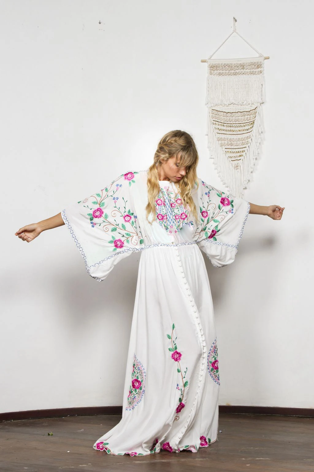 Boho шикарное вышитое платье с круглым вырезом и рукавами «летучая мышь», свободные женские платья, повседневное пляжное макси платье, летние платья Vestido