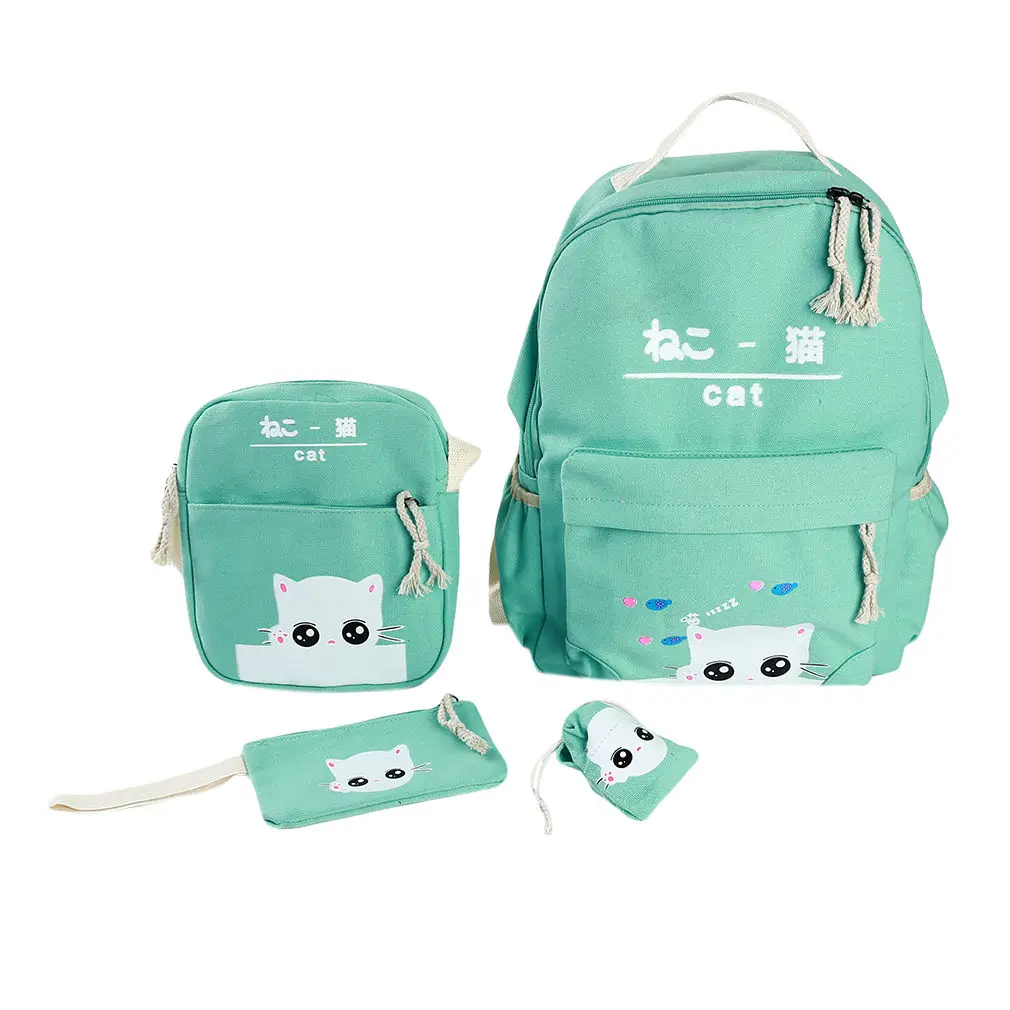 light green 4 шт./компл. Модные рюкзаки Начальная Школа Холст Рюкзак для девочек с изображением котенка; рюкзак для путешествий Mochila Plecak композитный мешок - Цвет: light green