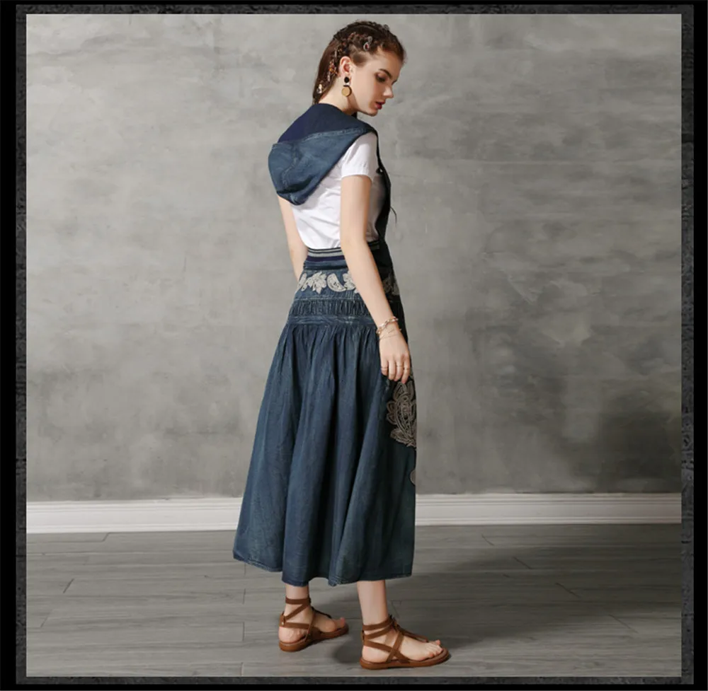 Vintage Hooded Women Dress 2019 Summer Denim Dresses Embroidery V-Neck Loose A-line Long Vestidos Femininas Woman Dress 82109 (16)