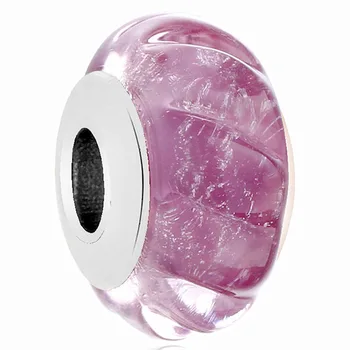 

New 925 Sterling Silver Bead Charm Silver Glittering Grooves Murano Glass Charm Fit Bracelet Bangle Diy Jewelry