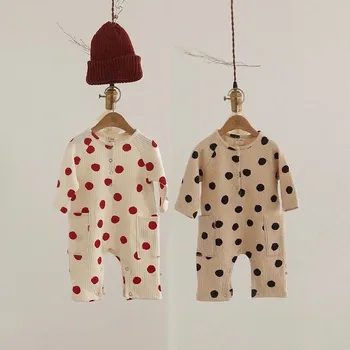 

Infants Baby Girl Romper Autumn Ribbed Cotton Long Sleeve Kids Pocket Romper Dot Print Baby Boy Jumpsuit