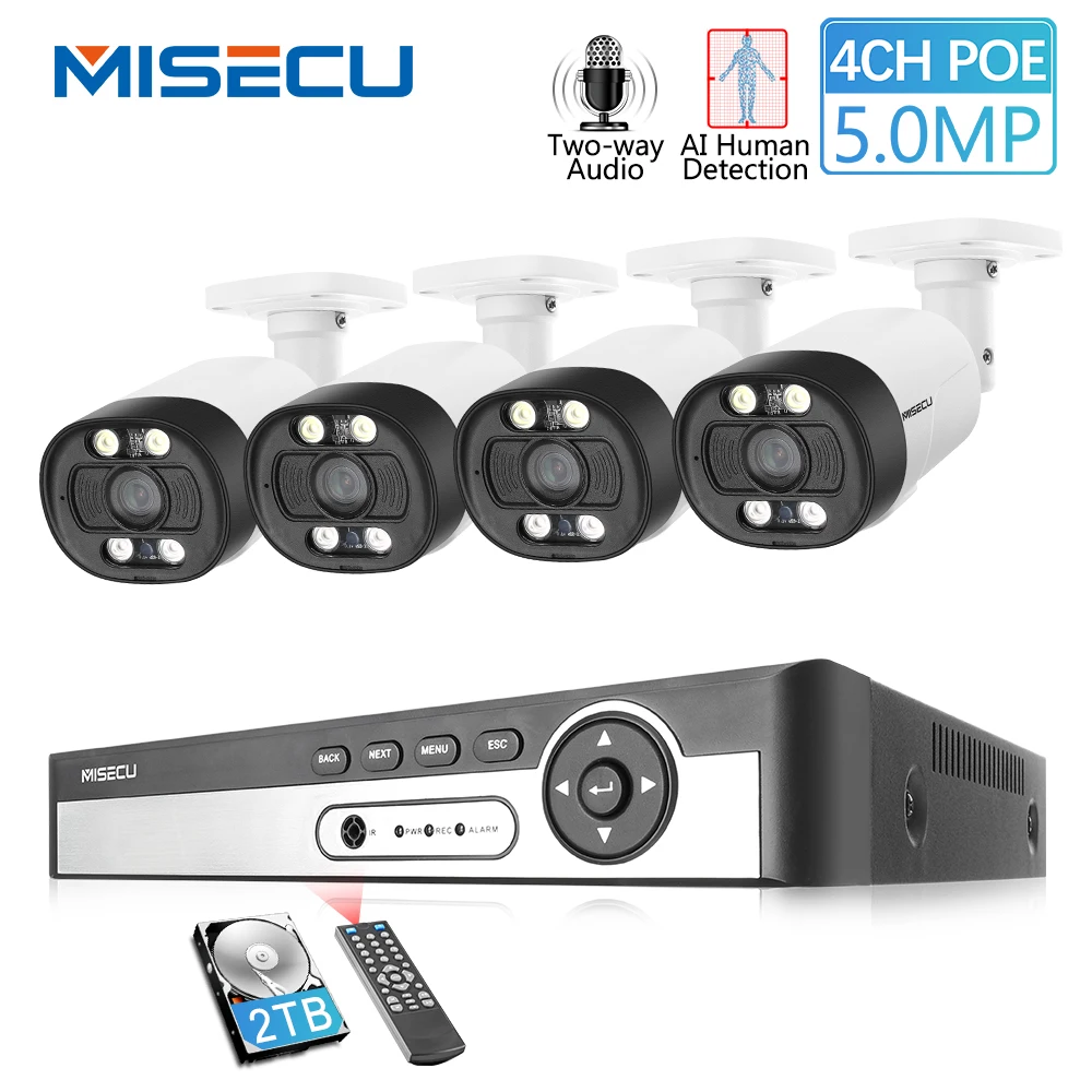 

MISECU HD 4CH 5MP POE Kit H.265 System Human Detection Metal Waterproof Outdoor AI Camera Two-way Audio Video Surveillance XMEye