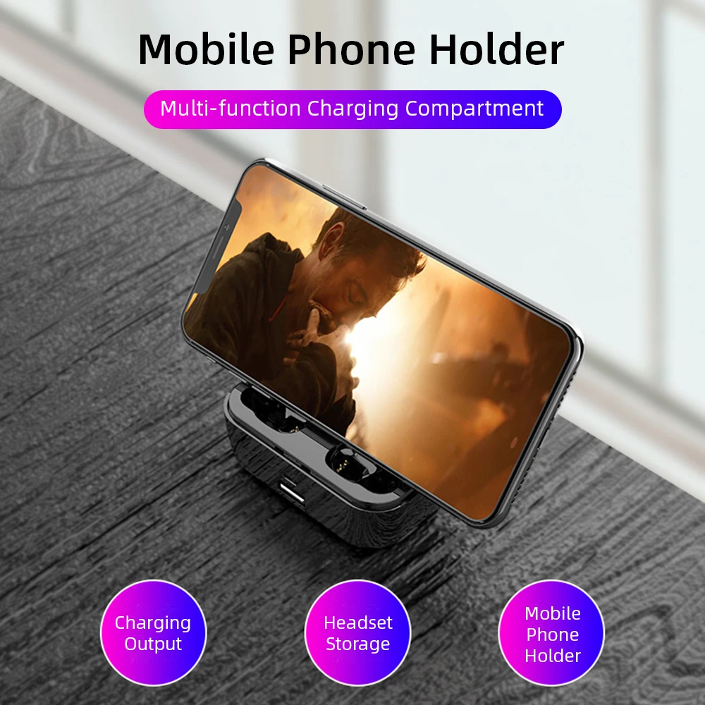 Phone Holder Bluetooth Earphone Power Bank LED Display Portable Sports For iPhone Huawei Earbuds Headset In Ear HD Stereo Call