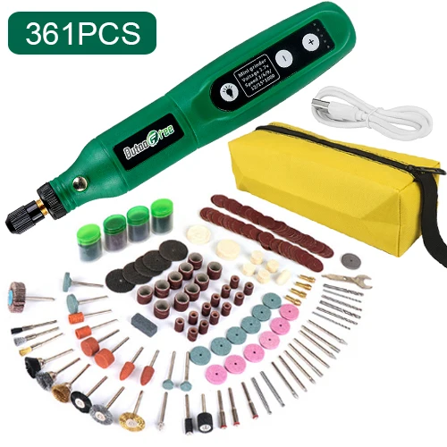 USB Mini Cordless Drill Pen Rechargeable Wireless Engraving Pen With LED Rotary Tool Dremel Electric Drill Grinding Accessories Green-361PCS