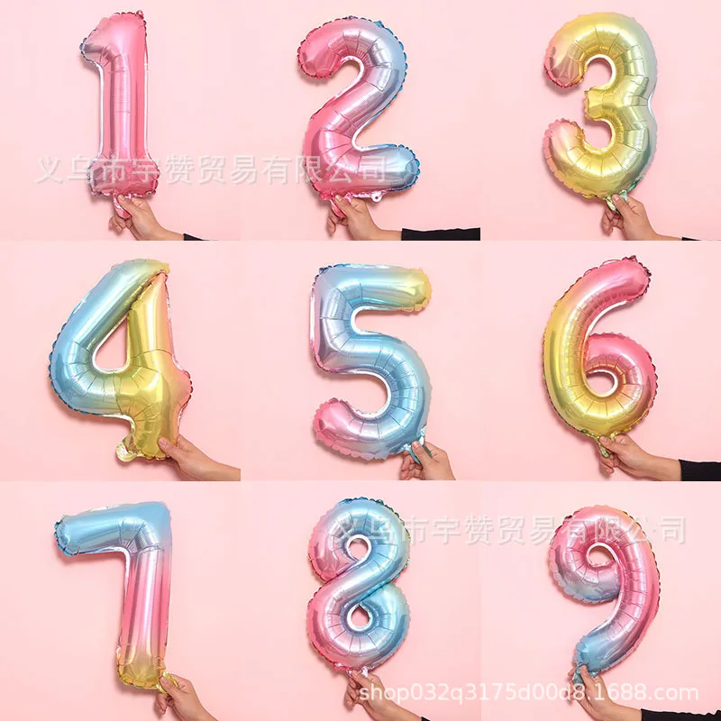 AliExpress Hot Selling 16-Inch Gradient with Numbers Balloon Rainbow with Numbers Aluminum Film Balloon Birthday Party Decorativ