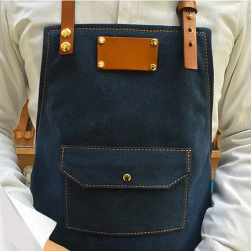 JX-LCLYL Working Denim Bib Apron Leather Strap Barista Chef Barber Pocket Studio Uniform