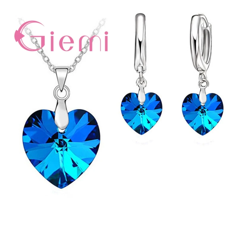 Authentic 925 Sterling Silver Jewelry Sets for Women Girls Gifts Austrian Crystal Heart Pendant Necklace Thread Earrings Chain - Окраска металла: Blue-Loop