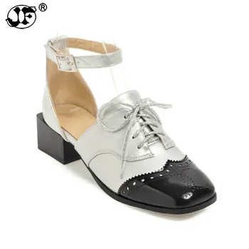 

Women Sandals Plus Size 34-43 Fashion Office Lace-Up Lady Pumps Square Toe Women Shoes Gold Silver White 885