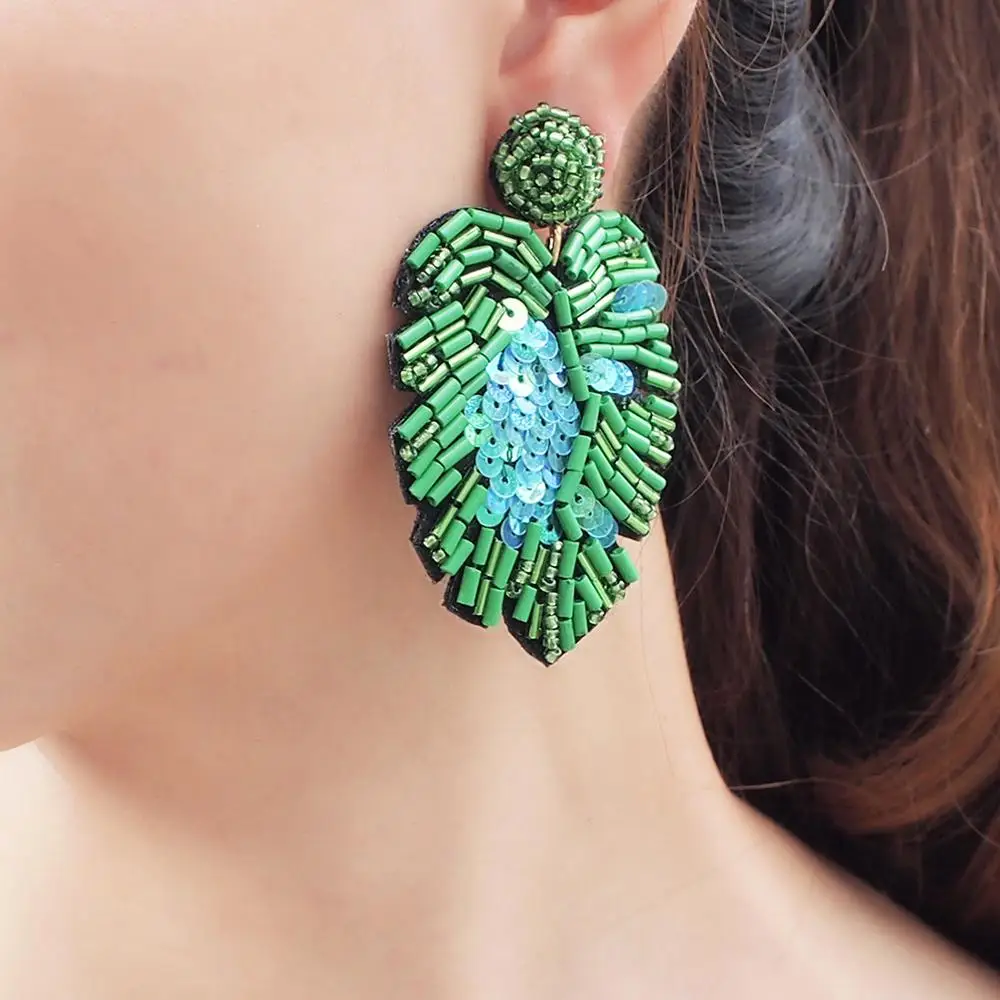 

MANILAI Boho Beads Leaf Pendant Earrings for Women Big Handmade Beaded Leaves Drop Dangle Earrings Female Wedding Jewelry