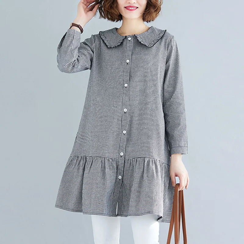 

2020 Spring Mori Girl Plaid Blouse Women Long Sleeve Button Korean Loose Peter Pan Collar Blouses Plus Size