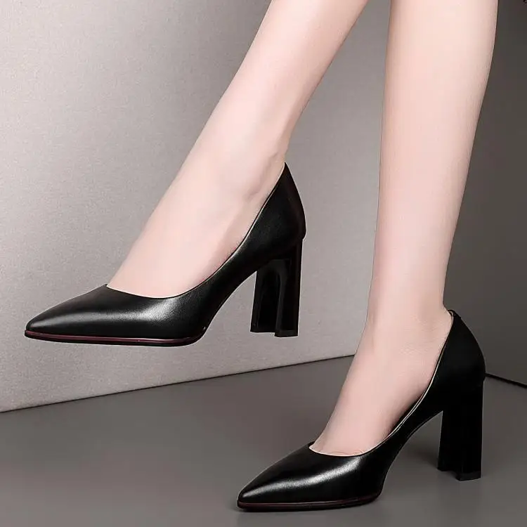 

Age season single shoes female point light mouth high-heeled shoes 8 cm thick with shoes head layer cowhide