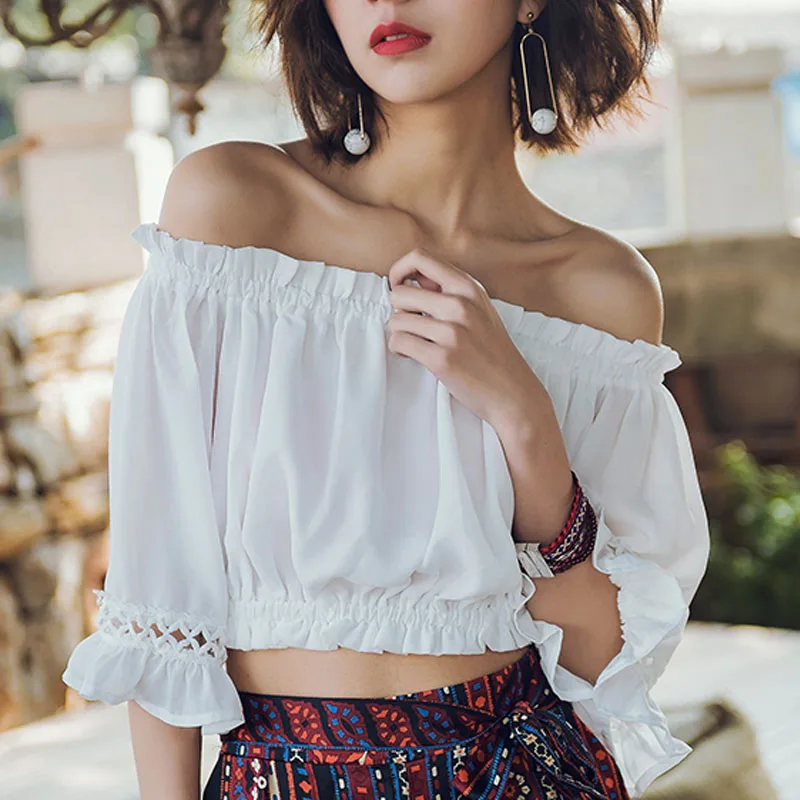 Blusas mujer de moda 2019 женские топы шорты белая блузка три четверти полые одноцветные с