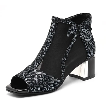 

Black Mesh Shoes Women 2020 Spring Autumn Summer New Zipper High Heels Peep Toe Square Heel Sandal Cool Ankle Boots LA0004
