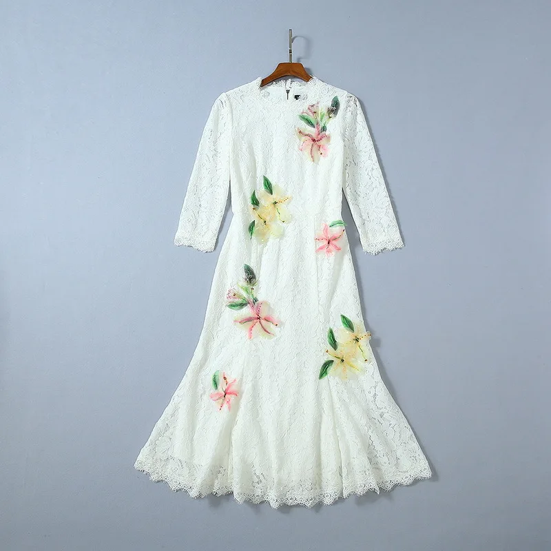 Бренд, высокое качество, платье с русалочкой осень бисер с длинными рукавами кружевное платье с юбкой-годе Для женщин Элегантное платье A864 - Цвет: Белый
