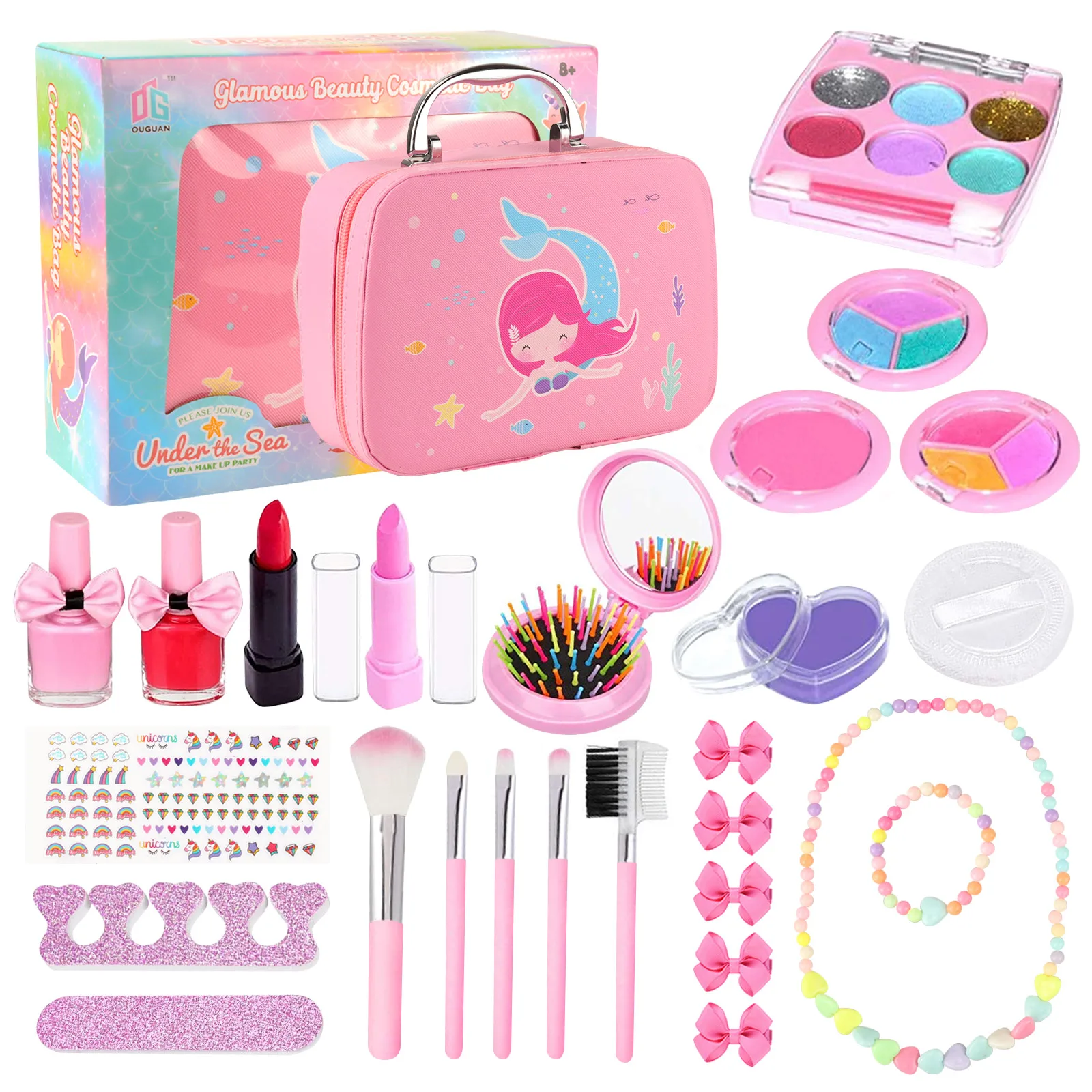 Kit de maquillaje para niñas, Juego de 20 Uds. De juguetes de maquillaje con Clip para el pelo, collar, pulsera, maquillaje de imitación, regalos de princesa