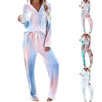 

Women Tie Dye Pajamas Two Pieces Set Long Sleeve Tops And Loose Elastic Waist Long Pants Women Casual Homewear Sleepwear