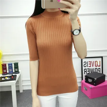 

HAYBLST Brand Women Sweater Autumn Fashion Casual Knitting Solid Tops Korean Patchwork Stretch Half Sleeve Slim Womens Clothing