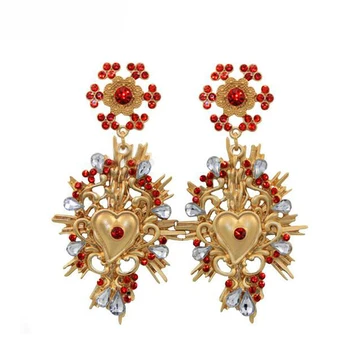 

crystals jewelry vintage earrings for women gold color peach heart wedding accessories metal hollow Rhinestones big earrings