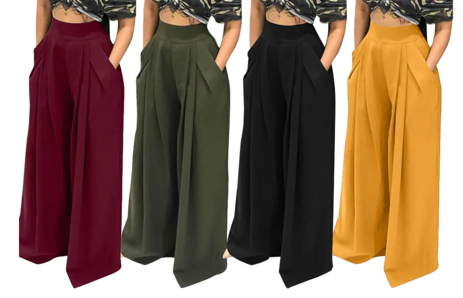 2022 Women Casual Loose Pants Autumn High Waisted Wide Leg Trousers Pleated Long Culottes Pants Elastic Waist Trouser Pockets