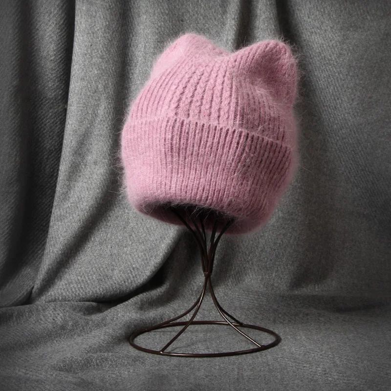 VISROVER 17 Colorway Unisex Solid Cat Shape Rabbit Fur Woman Winter Hat Soft Autumn Bonnet Cute Cat Ear Woman Warm Skullies Gift 