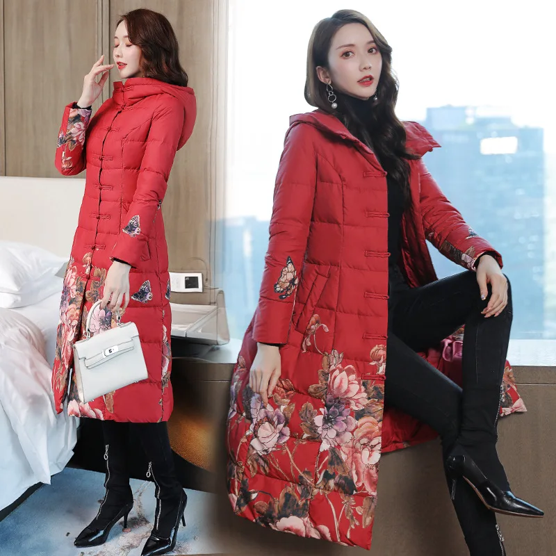 

2019 Autumn And Winter New Style Chinese-style Nation Red Printed down Jacket Cotton-padded Clothes Women's Mid-length Loose-Fit