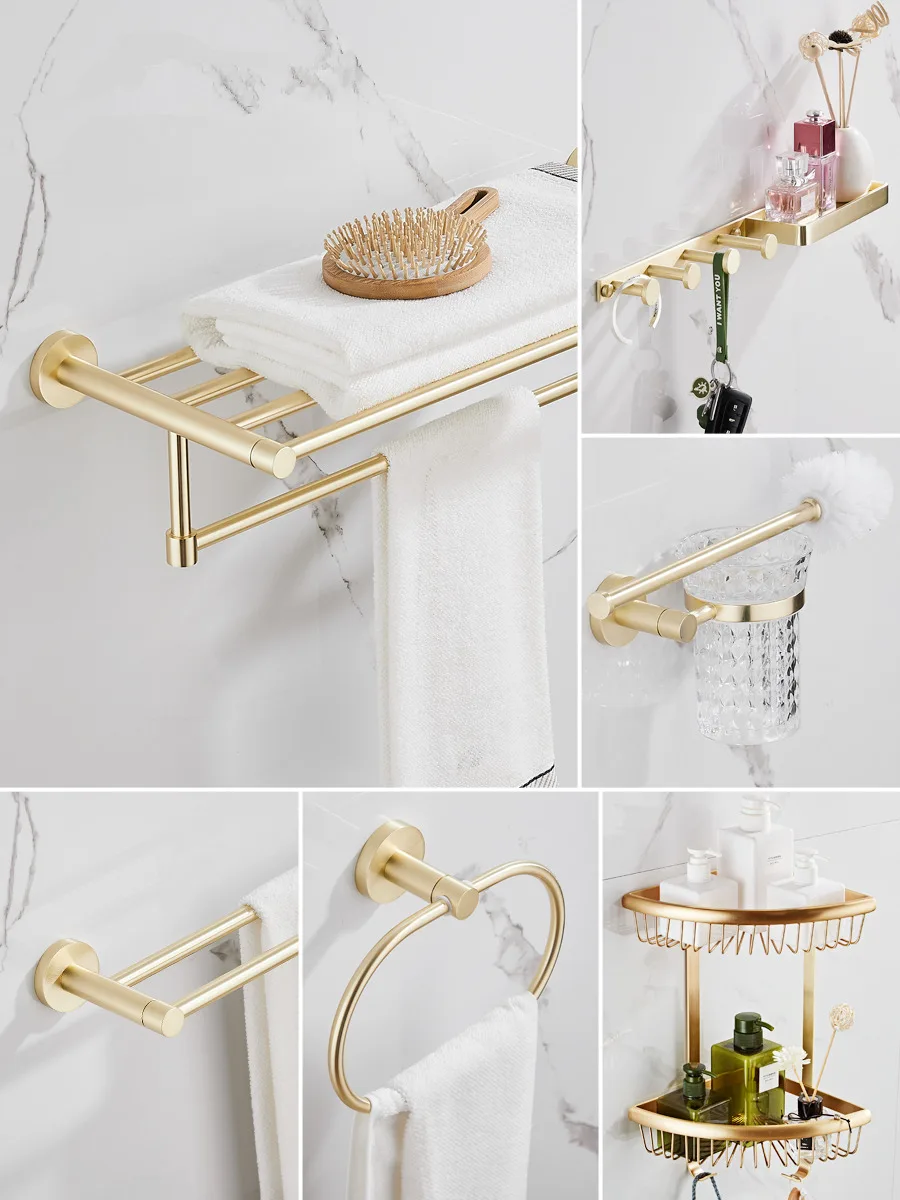 Bathroom Accessories Set Brushed Gold Bathroom Shelf,Towel Rack,Towel Hanger Paper holder,Toilet Brush Holder Bath Hardware Set