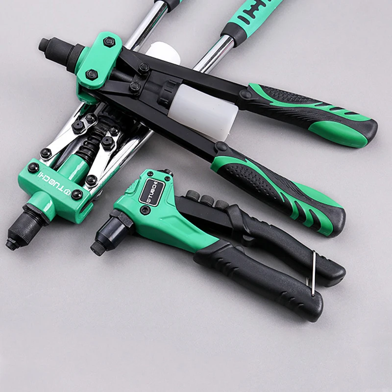 Manual Rivet Gun Set with 4 Sizes of Rivet Heads, Heavy-duty One-handed Gun Tool for Metal, Plastic and Leather