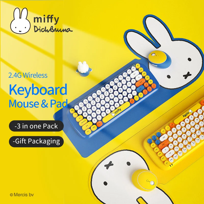Miffy-ワイヤレスキーパッド付きキーボード,2.4GHz,84キー,ラウンドキー,パンク,ラップトップ,デスクトップ用の素敵なワイヤレスキーボードとマウス