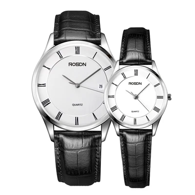 Роскошный бренд ROSDN пара японские кварцевые часы движение женские часы 7 мм ультра-тонкие часы водонепроницаемые кожаные часы R3212W - Цвет: Black Couples