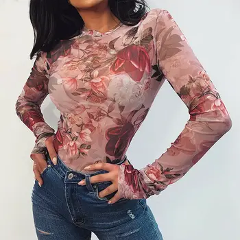 

2020 Female Playsuit Floral Printed Long Sleeves Sheer Mesh Jumpsuit For Lady Autumn See-Through Triangle Bodysuit Women Rompers