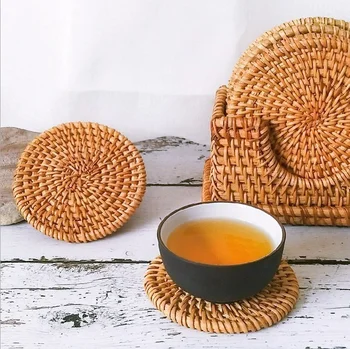 

6Pcs Lot Drink Coasters Set For Kungfu Tea Accessories Round Tableware Placemat Dish Mat Rattan Weave Cup Mat Pad Diameter 8cm