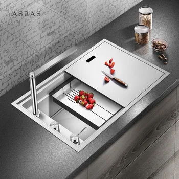 

ASRAS 6443S hidden kitchen sink with cover intelligent lift 304 stainless steel handmade large single basin sink with faucet