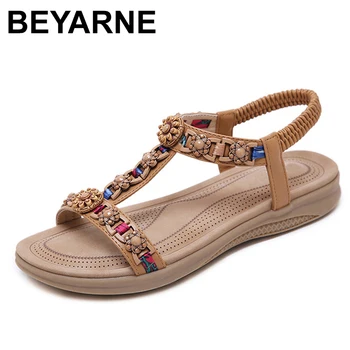

BEYARNE Ethnic style gladiator Flats sandals women summer new arrival Comfortable Bohemia beaded Roman Beach shoes