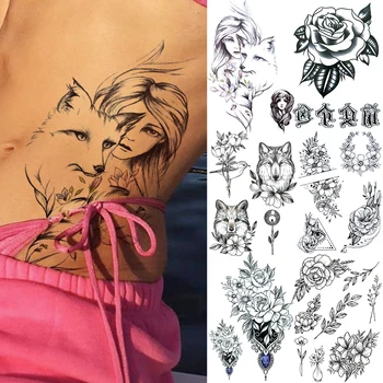 

Realistic Fox Fake Tattoo Sticker For Women Lady Rose Flower Wolf Flora Jewelry Pendant Temporary Tattoos Chest Back Hand Tatoos
