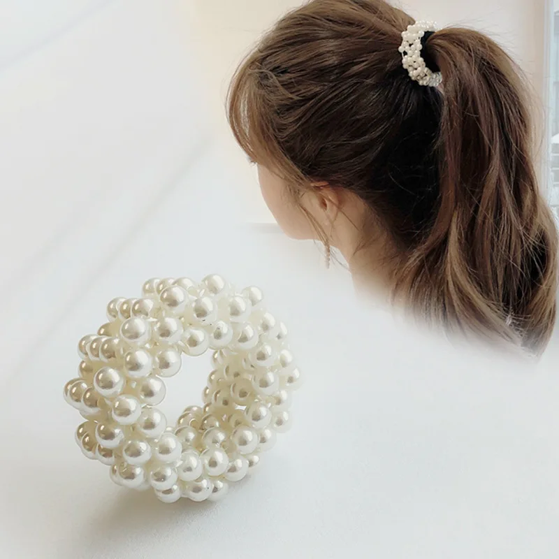 

Xugar Full Pearls Scrunchies Solid Elastic Ponytail Holder Hair Bands For Girls Rubber Band Hair Rings Womens Hair Accessories