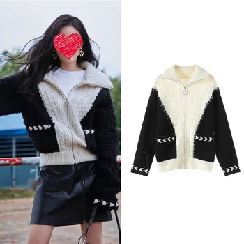 

Yang Mi's same black color blocking knitted zipper women's Polo autumn winter 2019 sweater coat sa1036