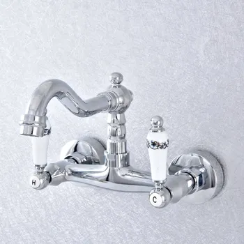 

Polished Chrome Brass Wall Mounted Bathroom Kitchen Sink Faucet Swivel Spout Mixer Tap Dual Ceramic Handles Levers msf771